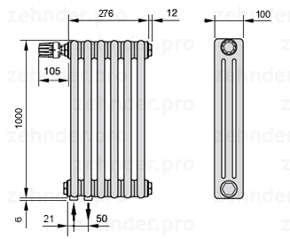 Схема (чертеж) Радиатор Zehnder Charleston 3100/6 №V001 Белый глянцевый RAL 9016